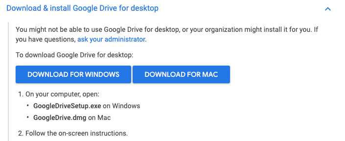 Image of the area of the linked page featuring the download buttons for Google Drive for Desktop
