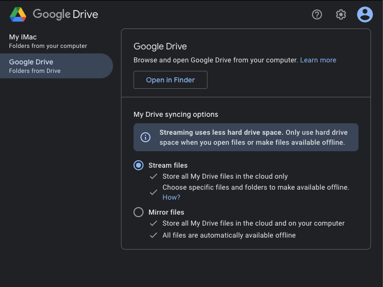 Google Drive options window