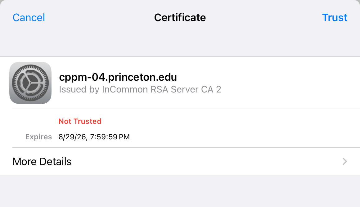 eduroam certificate notification that appears on Apple iPhone devices