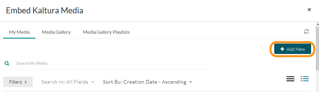 Embed Kaltura media screen with "Add New" button circled
