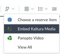 Canvas RCE Apps menu expanded with "Embed Kaltura Media" selected.