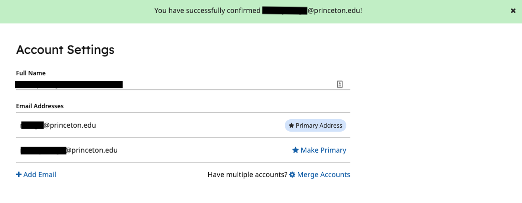 Gradescope screenshot indicating that the user's email address has been confirmed