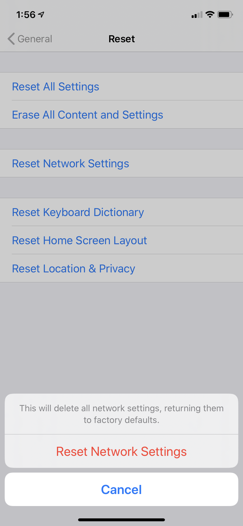 confirm that you want to Reset Network Settings
