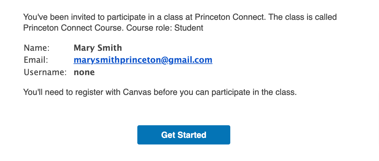 Course email invitation showing the user's name, email, a username of none and a get started button.