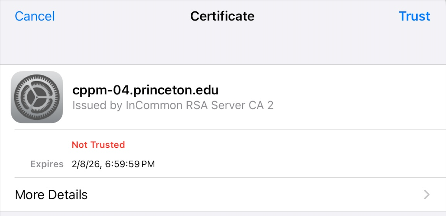 eduroam certificate notification that appears on Apple iPhone devices