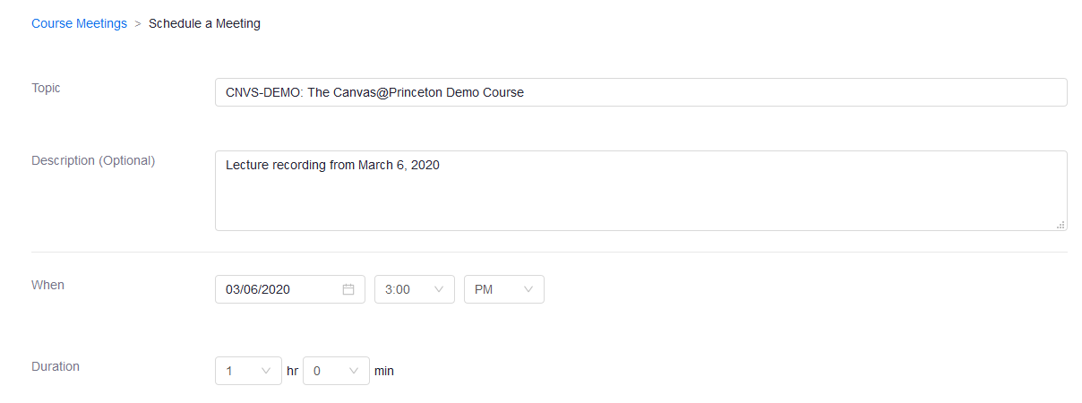 Screenshot of Zoom Meeting Scheduler page with description, date, and duration fields displayed