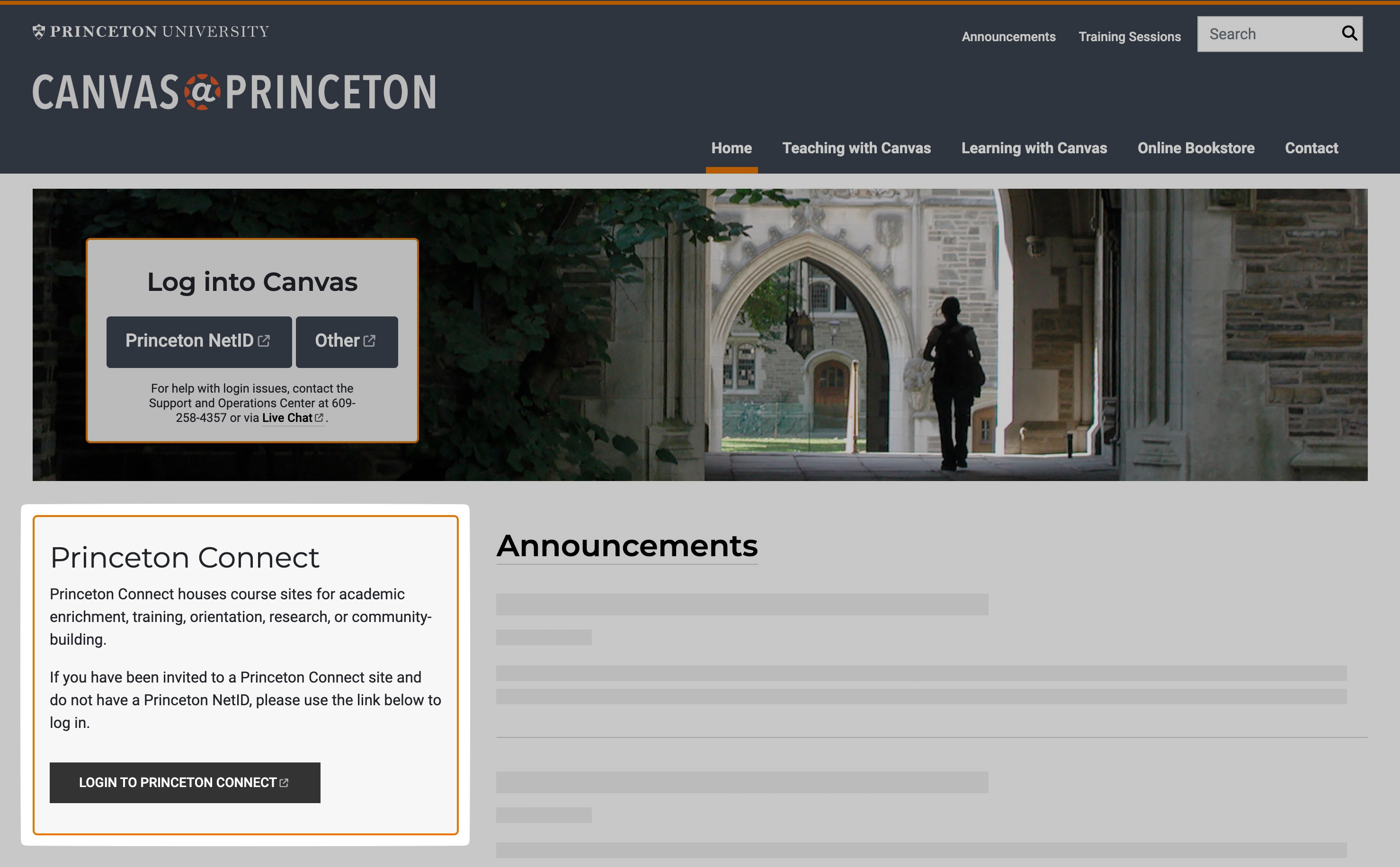 The homepage for canvas.princeton.edu with the Princeton Connect section highlighted.