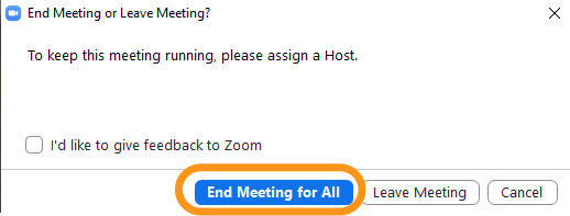 Zoom End Meeting screen with "End Meeting for All" circled