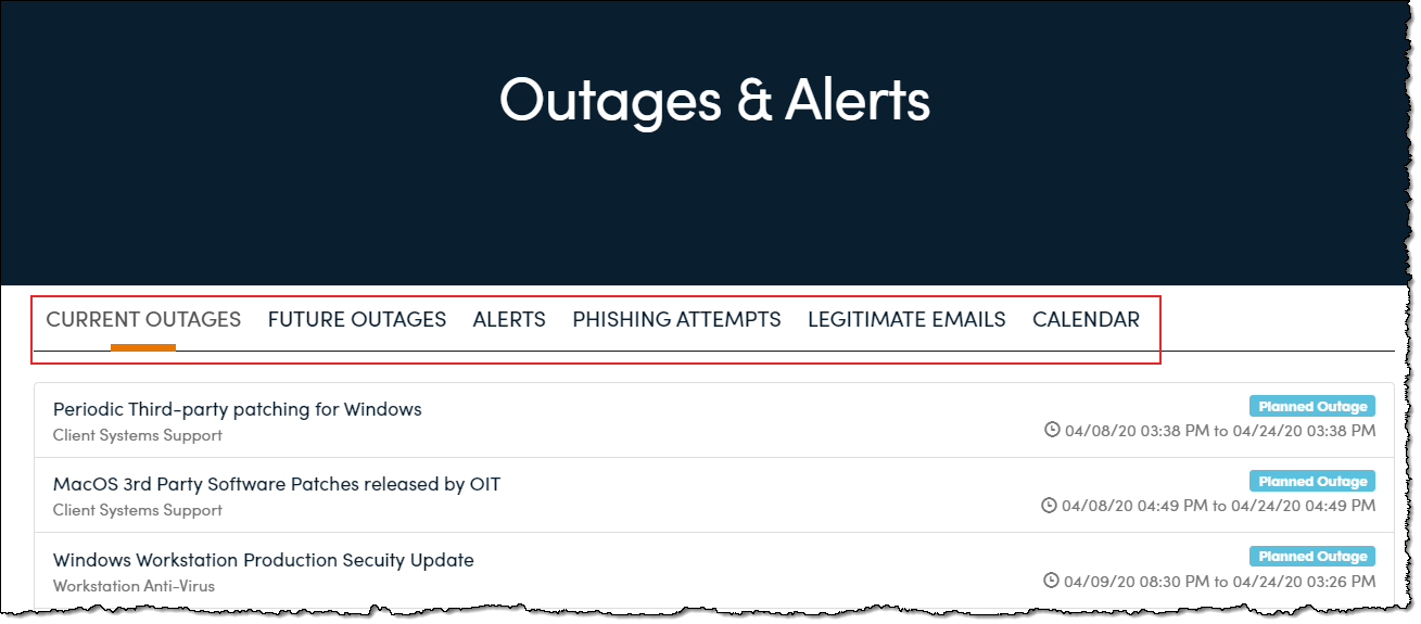 Display of Outages & Alerts Listings
