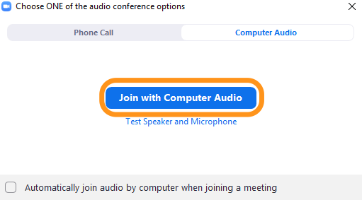 Zoom audio selection screen with "Join with Computer Audio" button circled