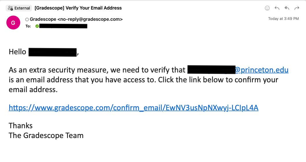 Sample email from Gradescope with link to confirm email address.