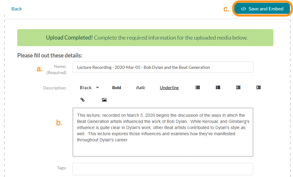 Canvas upload form with Name field, Description field, and Save and Embed buttons highlighted.