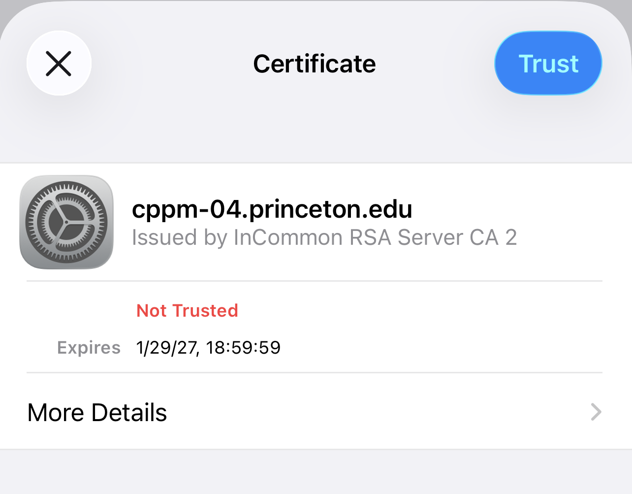 eduroam certificate notification that appears on Apple iPhone devices
