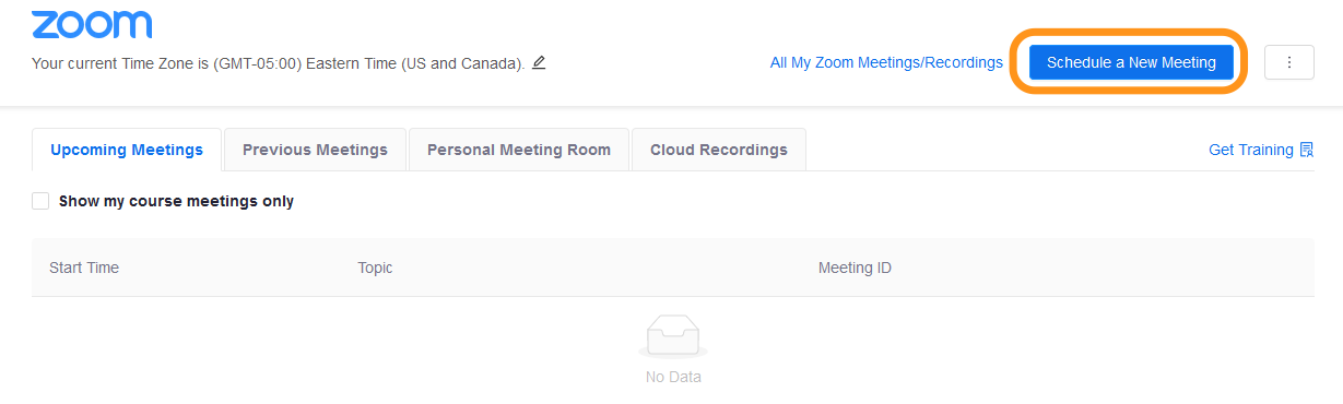 Zoom meetings page with "Schedule New Meeting" button circled.