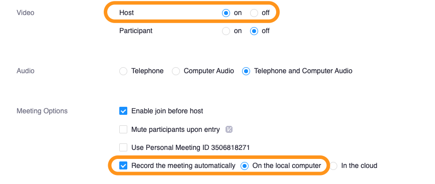 Zoom meeting setup page with "Host Video" recording enabled, "Record this meeting automatically" and "On the local computer" options highlighted